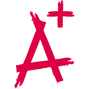 A bold, red letter A with a plus sign above it, resembling a handwritten grade mark.