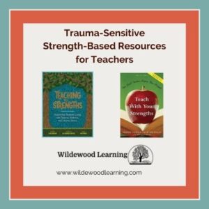 Two book covers side by side with text above: Trauma-Sensitive Strength-Based Resources for Teachers. Wildewood Learning logo and website appear below the books, all on a white background with a red border.