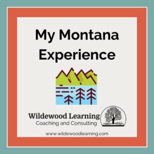 Square graphic with My Montana Experience text, a simple drawing of mountains, trees, and water, and Wildewood Learning Coaching and Consulting with a tree logo and website URL at the bottom.