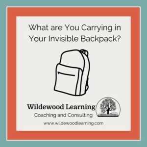 Illustration of a backpack with the text, What are You Carrying in Your Invisible Backpack? and the Wildewood Learning Coaching and Consulting logo and website below.