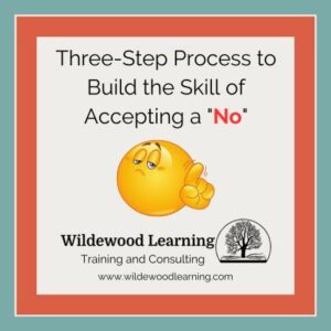 A graphic with text about building the skill of accepting a No, featuring a thinking emoji pointing upward, and the Wildewood Learning logo with a tree illustration.