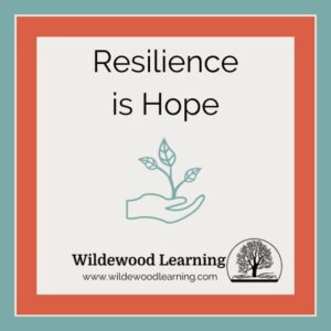 A graphic with the text Resilience is Hope above a hand holding a plant. Below is Wildewood Learning and their website, with a tree logo in the corner. The border is teal and orange.