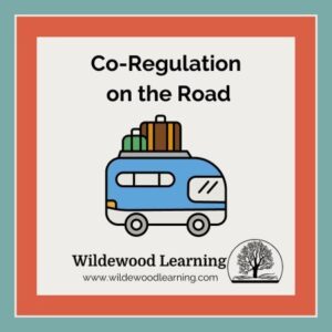 Illustration of a blue camper van with luggage on its roof. Text above reads Co-Regulation on the Road. Wildewood Learning logo and website appear at the bottom. The image has a teal and orange border.