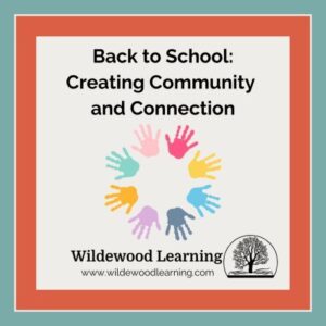 Text reads: Back to School: Creating Community and Connection. Colorful handprints form a circle. Wildewood Learning logo and website at the bottom.