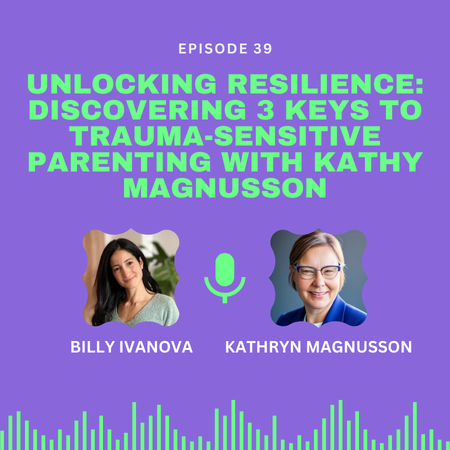 Podcast episode 39 promo with photos of Billy Ivanova and Kathryn Magnusson, a green microphone icon, and the title: Unlocking Resilience: Discovering 3 Keys to Trauma-Sensitive Parenting.