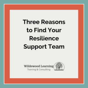 A graphic with the text Three Reasons to Find Your Resilience Support Team and the Wildewood Learning Training & Consulting logo, framed by a red and teal border.
