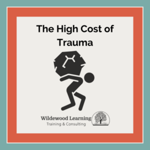 A stick figure struggles to carry a large, broken object on its back. Text reads The High Cost of Trauma. Wildewood Learning Training & Consulting logo appears at the bottom.