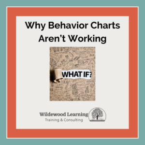 A graphic with the text Why Behavior Charts Arent Working. Below is an image showing WHAT IF? on brown paper. At the bottom is the Wildewood Learning Training & Consulting logo with a tree.