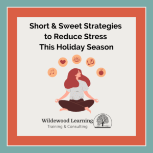 Illustration of a woman meditating, surrounded by icons for music, love, reading, and time. Text reads: “Short & Sweet Strategies to Reduce Stress This Holiday Season.” Wildewood Learning Training & Consulting logo at the bottom.