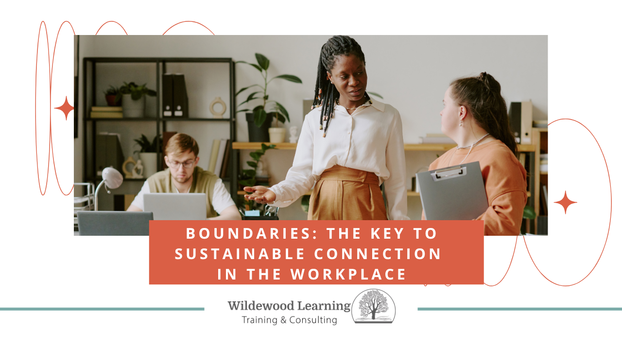 Three people in an office talk near desks with laptops. Text overlay reads, “Boundaries: The Key to Sustainable Connection in the Workplace. Wildewood Learning Training & Consulting.”.