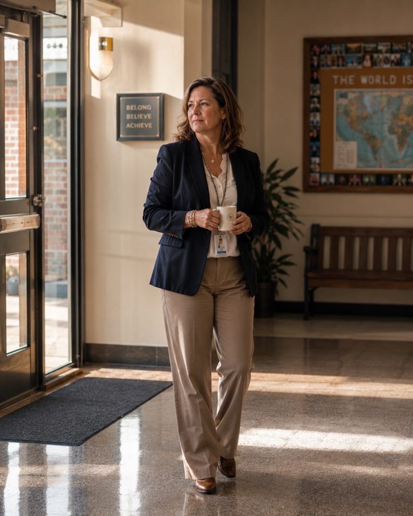 A woman in business attire holds a mug while standing in a sunlit hallway near a door. A sign on the wall reads, “BELONG BELIEVE ACHIEVE.” A bulletin board and bench are visible in the background.