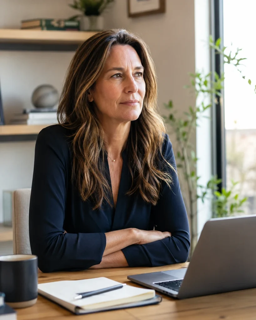 A woman with long brown hair sits at a desk with a laptop, notepad, and coffee mug, looking thoughtfully out a window. Shelves with books and plants are visible in the background.