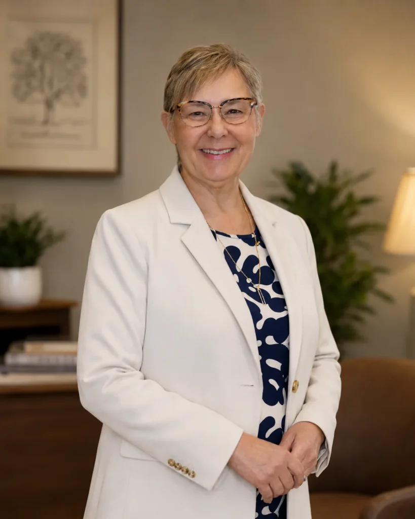 An older woman with short gray hair and glasses smiles, wearing a white blazer over a navy patterned dress. She stands indoors with plants, books, and a lamp in the background.