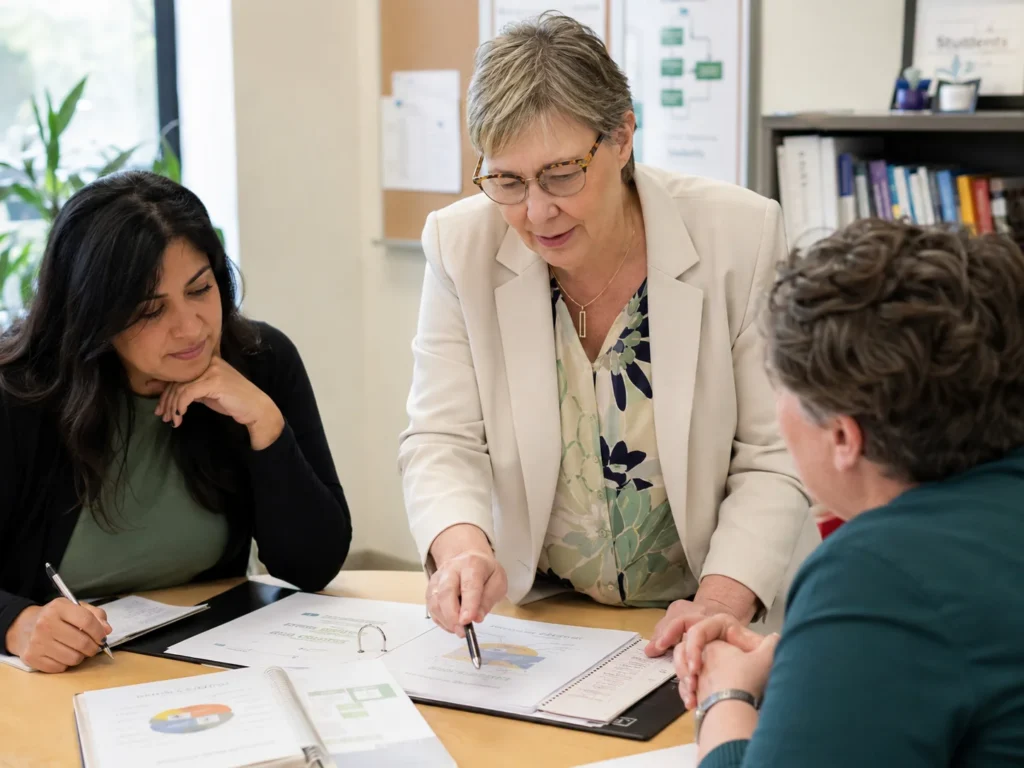 Three women sit at a table with open binders and charts. One woman stands, pointing at a document, while the others listen and take notes. Bookshelves and a window are visible in the background.