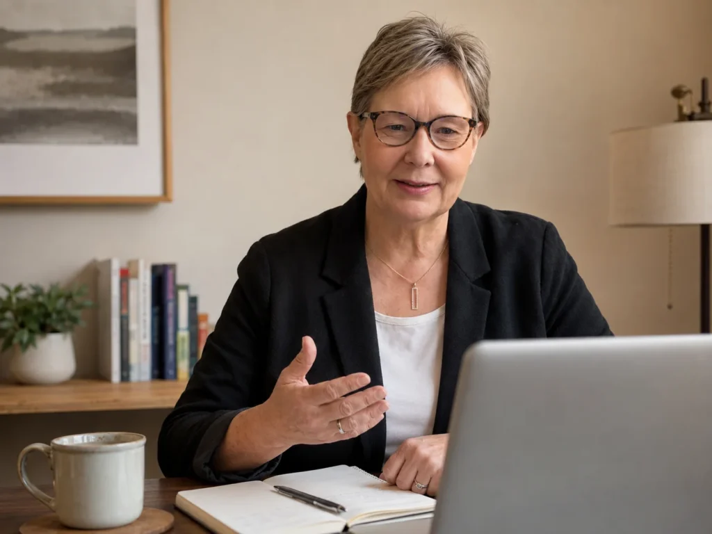 An older woman wearing glasses and a black blazer sits at a desk with a notebook, gesturing while looking at a laptop during a video call. A mug, books, lamp, and plant are visible in the background.