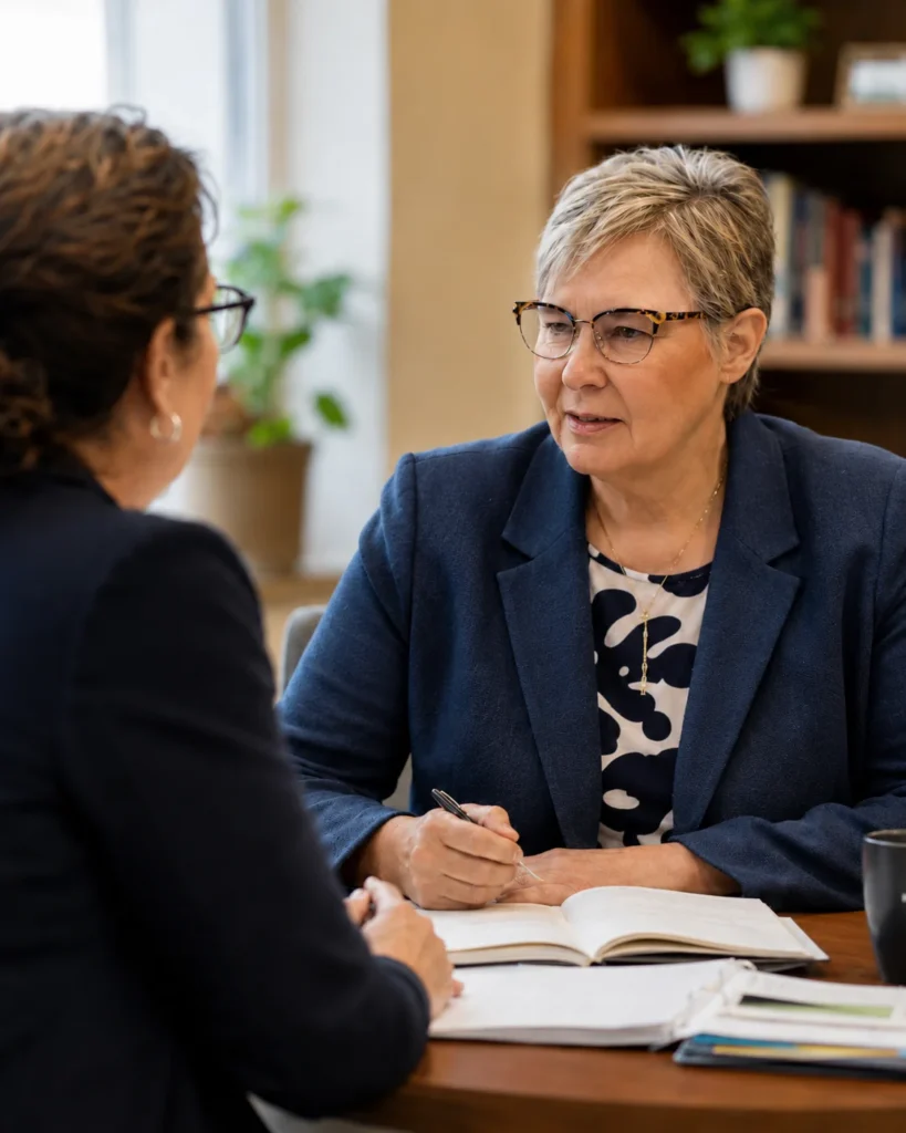 Two women in business attire sit at a table, having a serious conversation. One is writing in a notebook. Shelves with books and a potted plant are in the background.