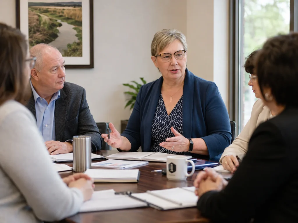 Five people sit around a table in a meeting room, engaged in discussion. Papers, notebooks, and mugs are on the table. One woman in a blue blazer is speaking, while others listen attentively. A window and framed photo are visible.