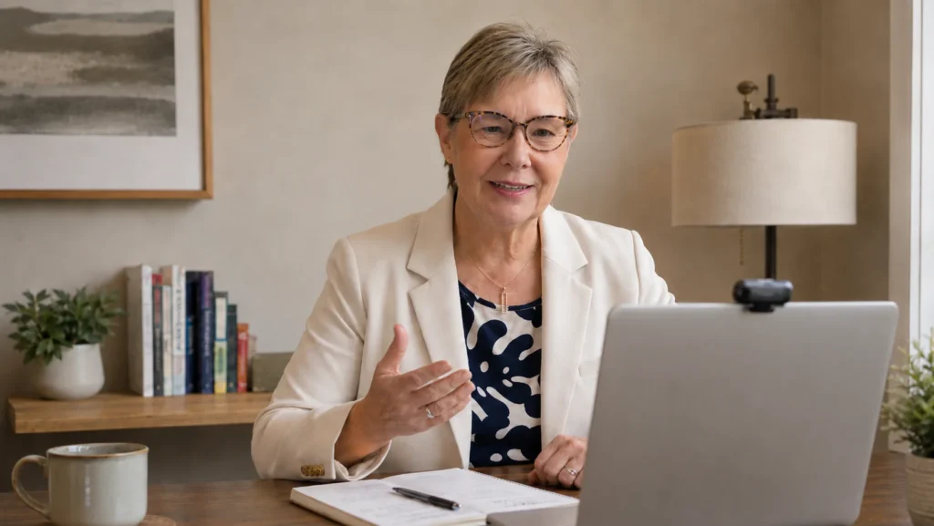 An older woman wearing glasses and a light blazer smiles and gestures while video chatting on a laptop at a desk with books, a notebook, a mug, and a lamp in a softly lit home office.