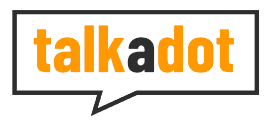 Talkadot logo with orange and black text inside a speech bubble outline on a light grey background.