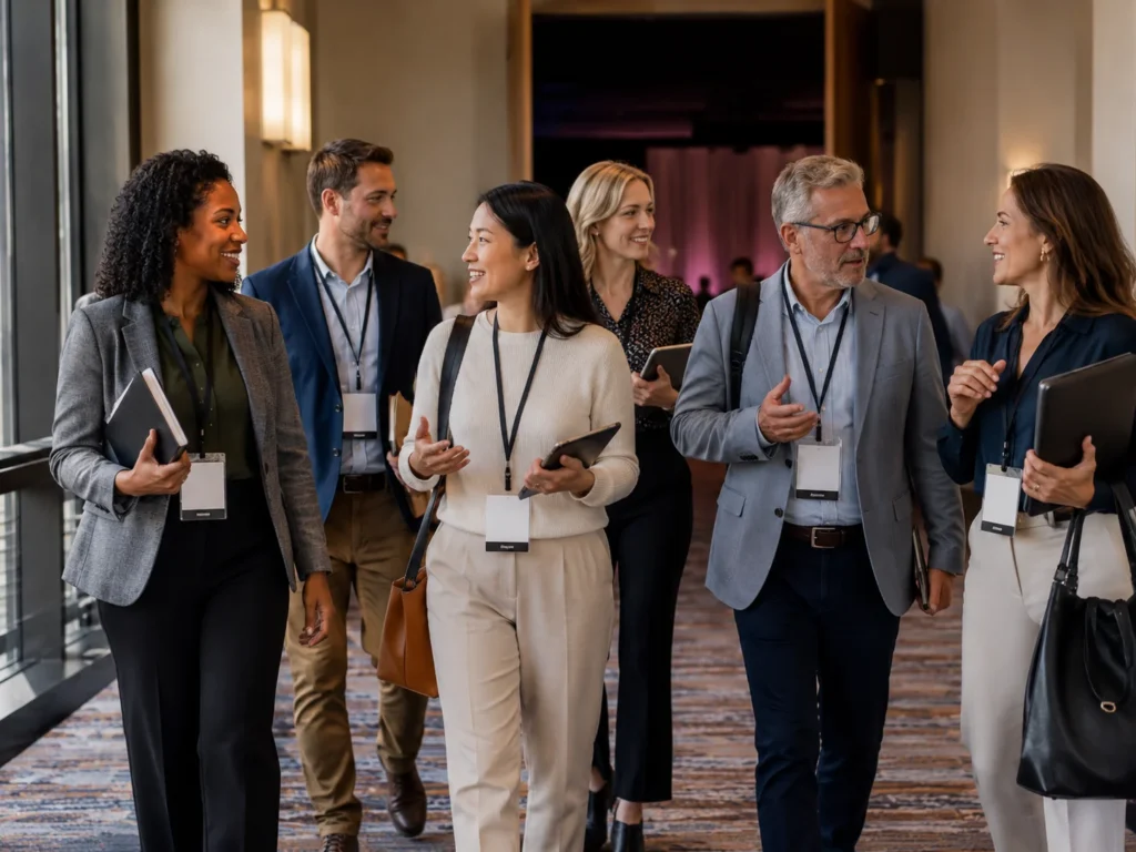 A group of six professionally dressed people walk together in a hallway, smiling and talking. They are wearing conference badges and carrying notebooks, suggesting they are attending a business event or conference.