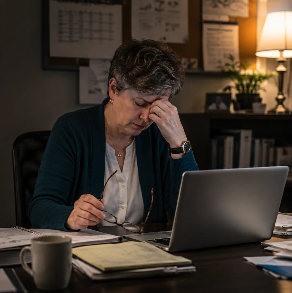 A person sits at a desk with a laptop, holding their glasses and rubbing their forehead, appearing stressed or tired. Papers, a coffee mug, and a lamp are on the desk, with documents pinned on the wall behind.