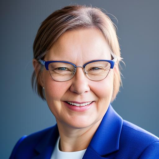 Smiling woman with light brown hair wearing blue glasses and a blue blazer, posed against a plain, softly blurred background.